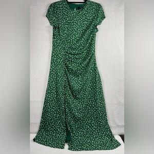 Green Floral Midi Dress with Gathered Front